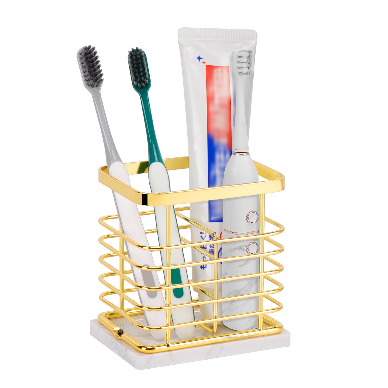 Photo 1 of HarJue Toothbrush Holder, Luxurious Metal Toothbrush Toothpaste Holder for Bathroom, Multi-Slots Openwork Design, Bathroom Accessory for Storage and Organizer (Marble Base-2 Slots, Gold)