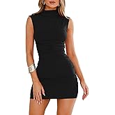 OWIN Women's Sexy Summer Casual Mock Neck Dresses Sleeveless Ruched Bodycon Cocktail Party Mini Dress