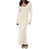 Kwunbwa Womens Fall Sweater Dress Casual Long Sleeve V Neck Ribbed Knit Maxi Dress Bodycon Elegant Long Dresses Winter