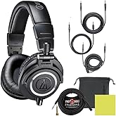 Audio Technica ATH-M50X Professional Studio Monitor Headphones Black Bundle with Pig hog 25ft Extension Cable & Liquid Polish