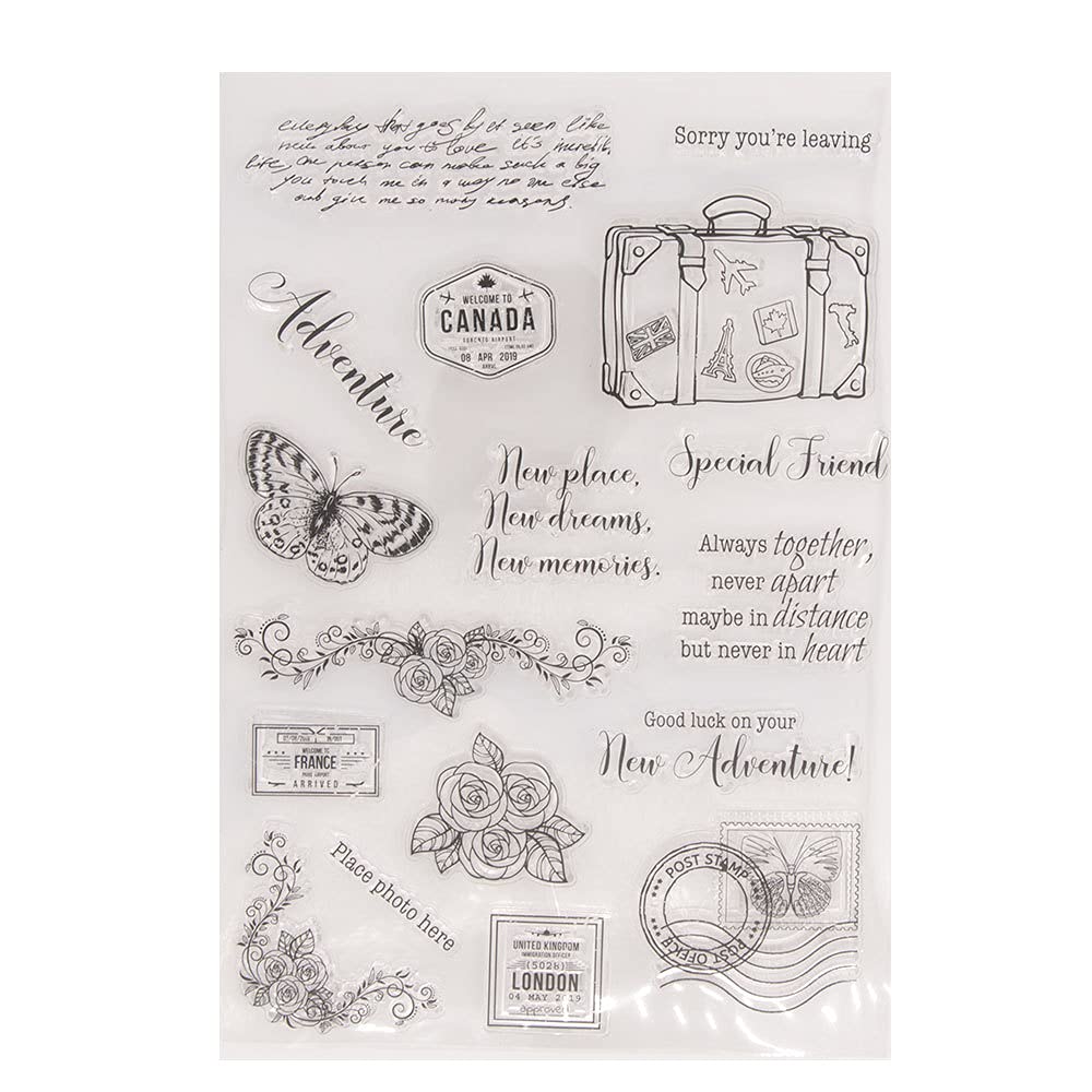 arriettycraft Arbuya Travel Adventure Suitcase Butterfly Flowers Sentiments Stamps Rubber Clear Stamp/Seal Scrapbook/Photo Album Decorative Card Making Clear Stamps