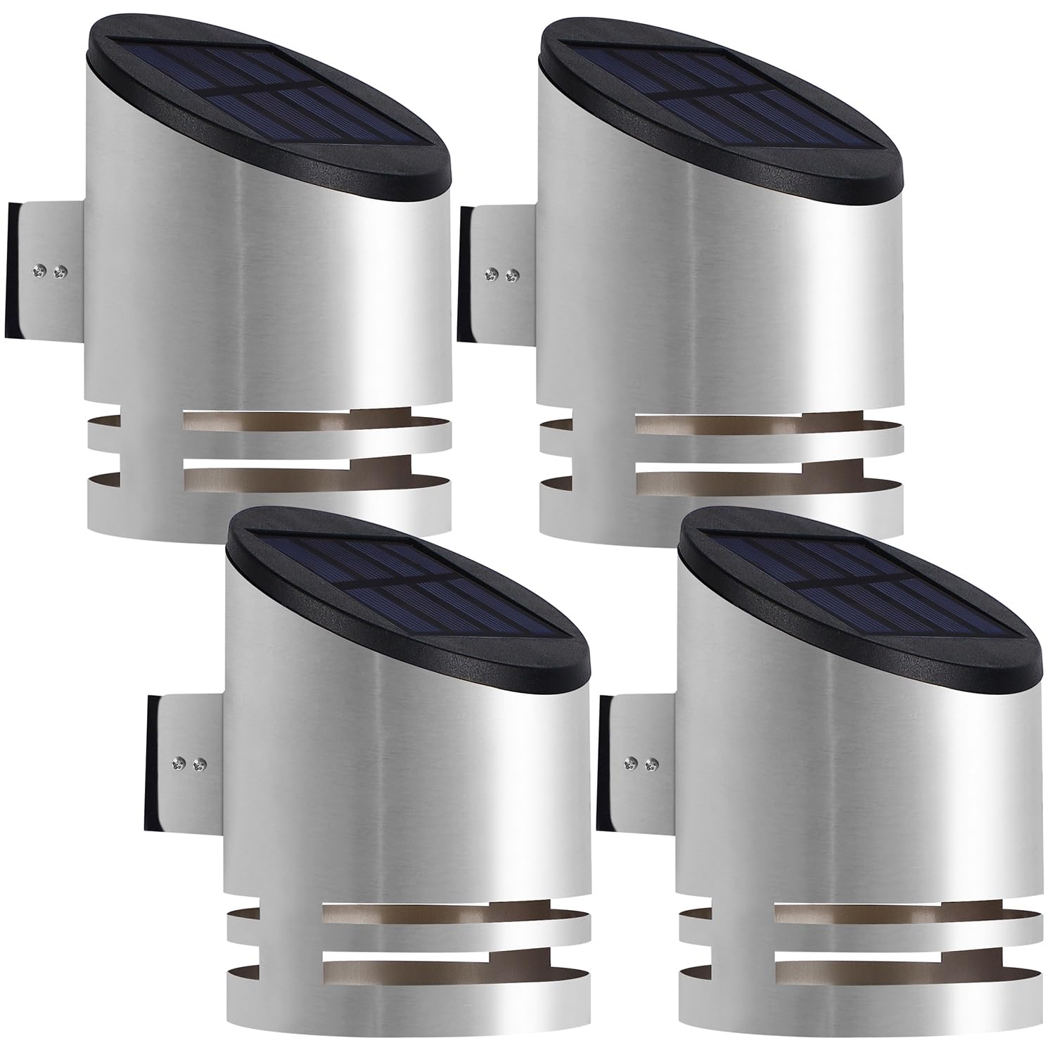 Photo 1 of Dynaming 4 Pack Solar Wall Lights, Stainless Steel Cover Outdoor Wall Sconce Lights, Cordless LED Lights Auto On/Off Mounted Fence Deck Light, Waterproof for Garage Stair Patio Porch Barn Yard