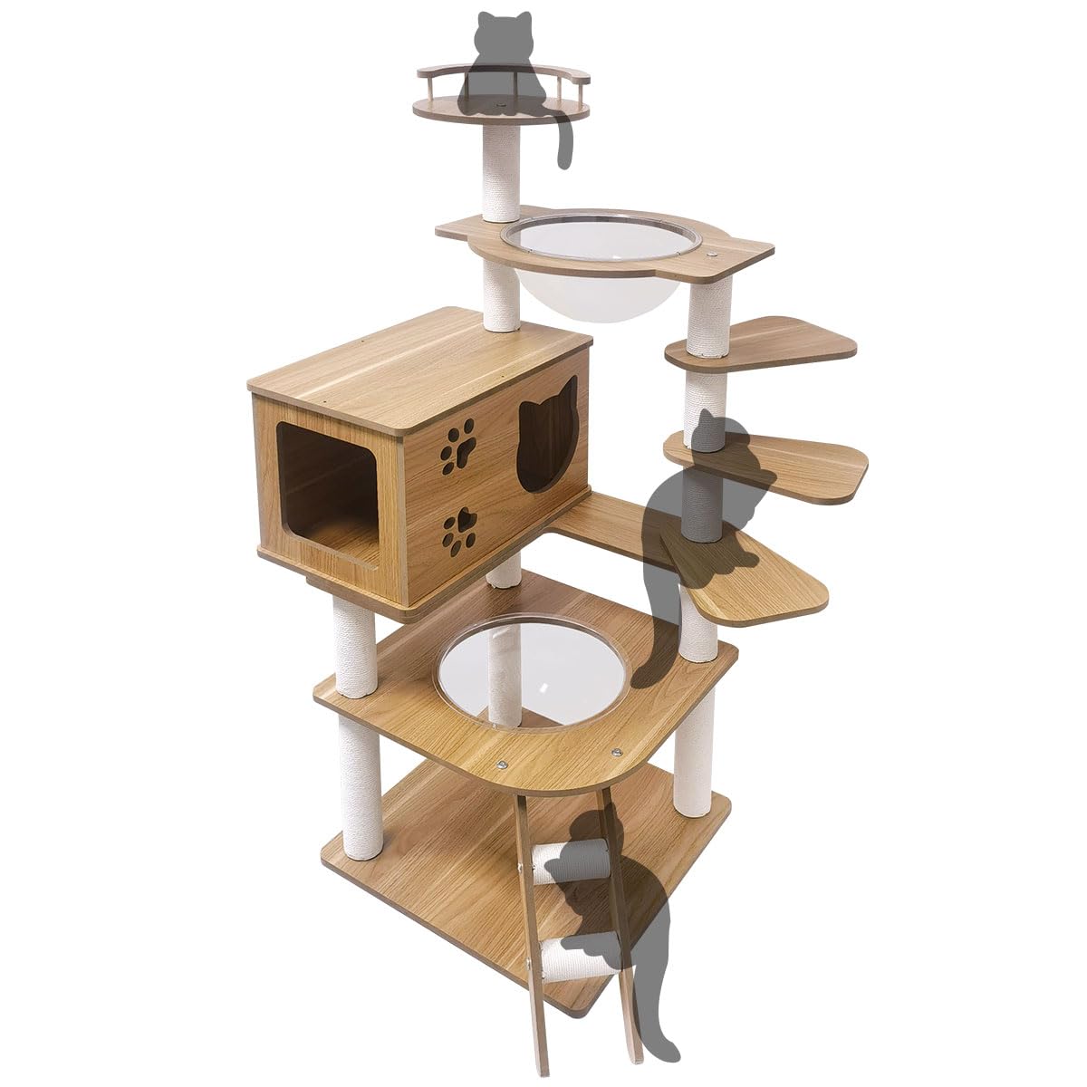 日本メーカー RAKU キャットタワー 木製 シニア猫 太った猫 短足猫 子猫向け 透明ボウル ハンモック宇宙船付き 高さ約130 cm 多頭飼い 猫ハウス 角丸加工 掃除簡単 多ステップ 階段付き ホワイトコットン支柱 爪とぎポール (木製タイプG)商品画像