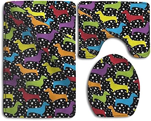 Rainbow Dotted Doxies 3 Piece Bathroom Rug Set Bath Rug, Contour Mat, Lid Cover Non-Slip With Rubber Backing