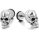 Men's Skull Stud Earrings, Stainless Steel Gothic Punk Rock Style, Skeleton Head Jewelry
