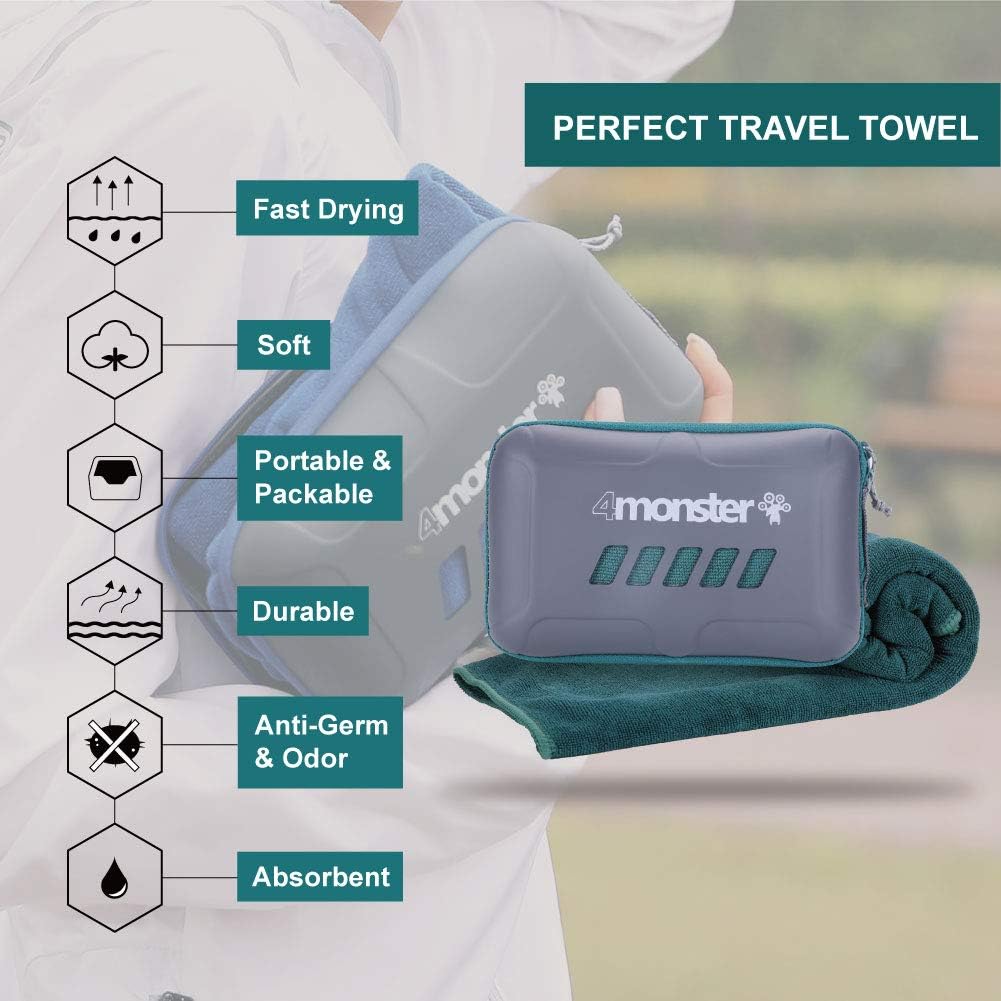 4Monster Microfiber Travel Towels Super Absorbent, Fast Drying Water Sport Camping Towel, Ultra Soft Compact Gym Towel for Beach Hiking Yoga Travel Sports Backpack and Boat : Home & Kitchen