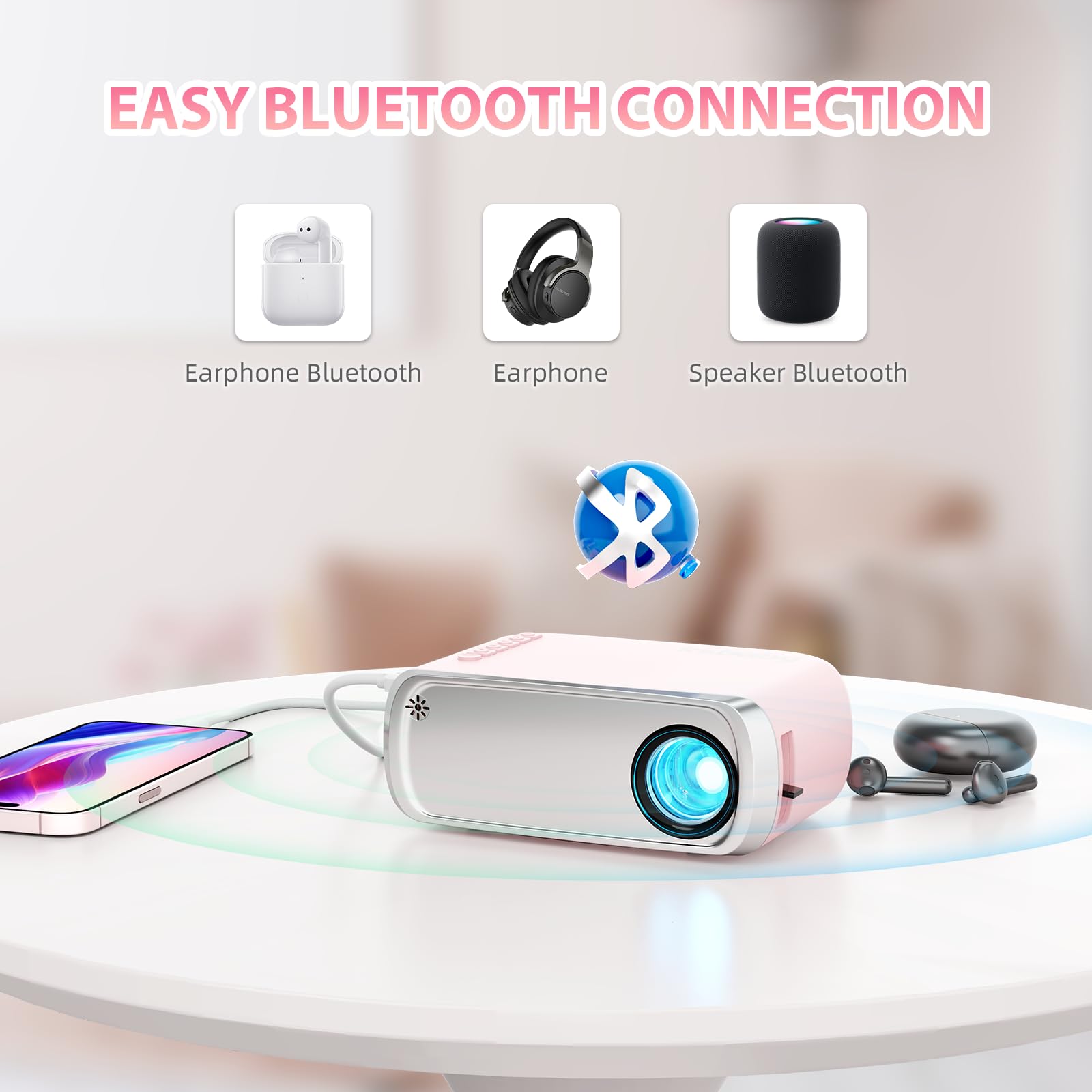 Tragbarer Projektor, ksbaby Outdoor Projektor, LED Ästhetischer Video Mini Projektor für Outdoor Tragbare Filme Kompatibel mit HDMI, USB, Laptop, TV Stick, iOS und Android Telefon