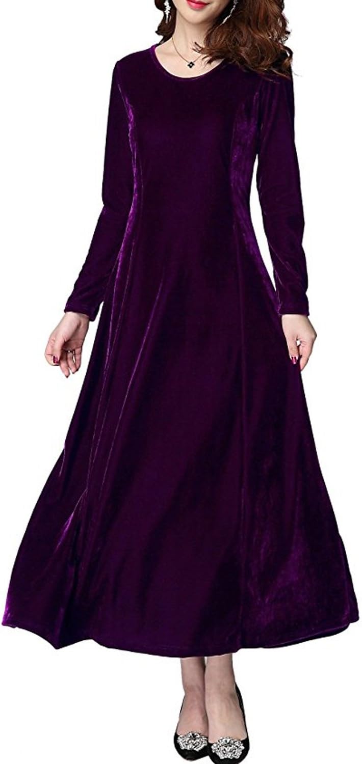 QQI Dress Skirt (S - 3XL) Women Long Sleeves Round Neckline ! Artificial Velvet Dress