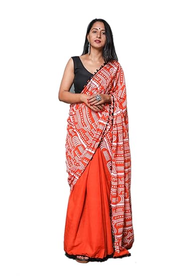 Womens Cotton Mulmul Hand Block Jaipuri Printed Saree with Blouse (CT-MUL-PCN-70, Orange)