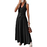ELLEVEN 2 Piece Linen Sets for Women Summer Outfit,V-Neck Vest Top & Flowy Maxi Skirt