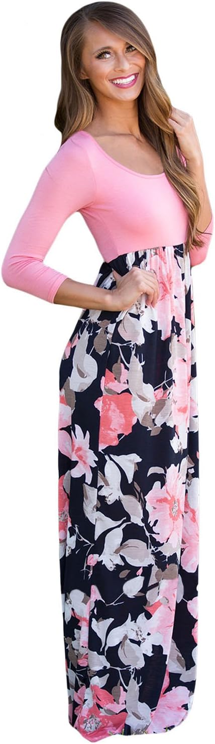Women's Mint/Pink/Purple Floral Print 3/4 Sleeve Long Boho Maxi Dress Sundress