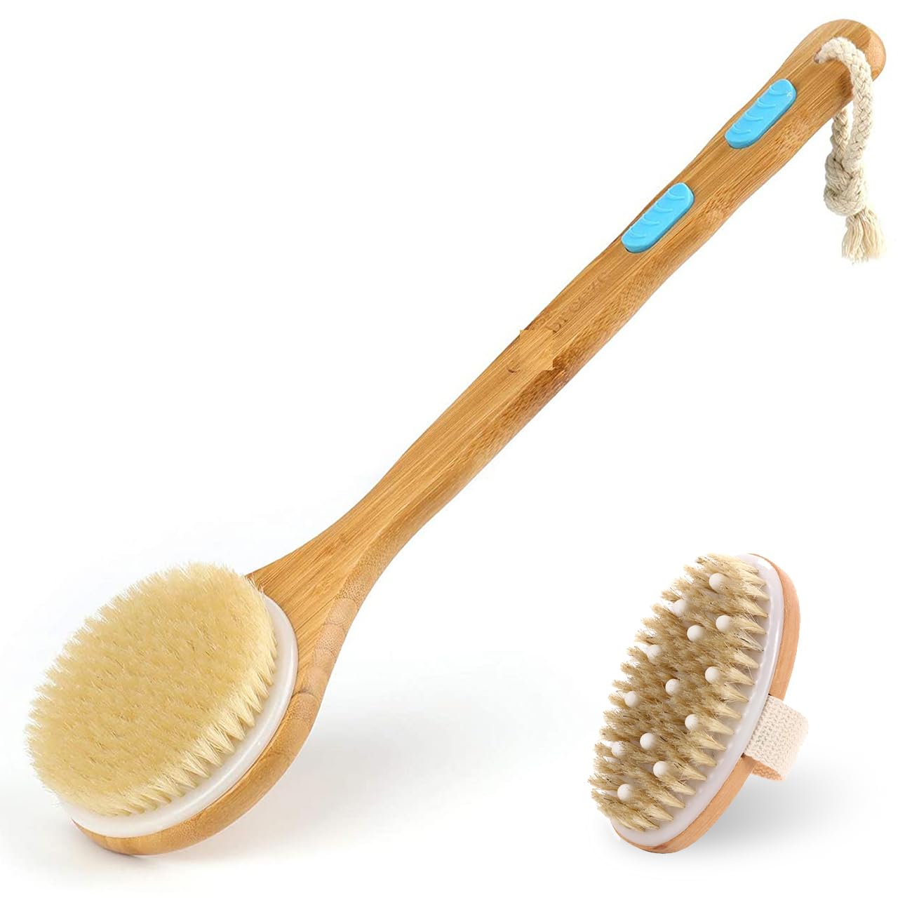 Back Scrubber for Shower Long Handled Dry Body Brush for Shower, Double-Sided Long Wooden Handle Body Bath Brush for Exfoliating Skin
