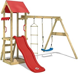 WICKEY Spielturm Klettergerüst TinyCabin mit Schaukel & roter Rutsche, Spielhaus mit Sandkasten & Strickleiter