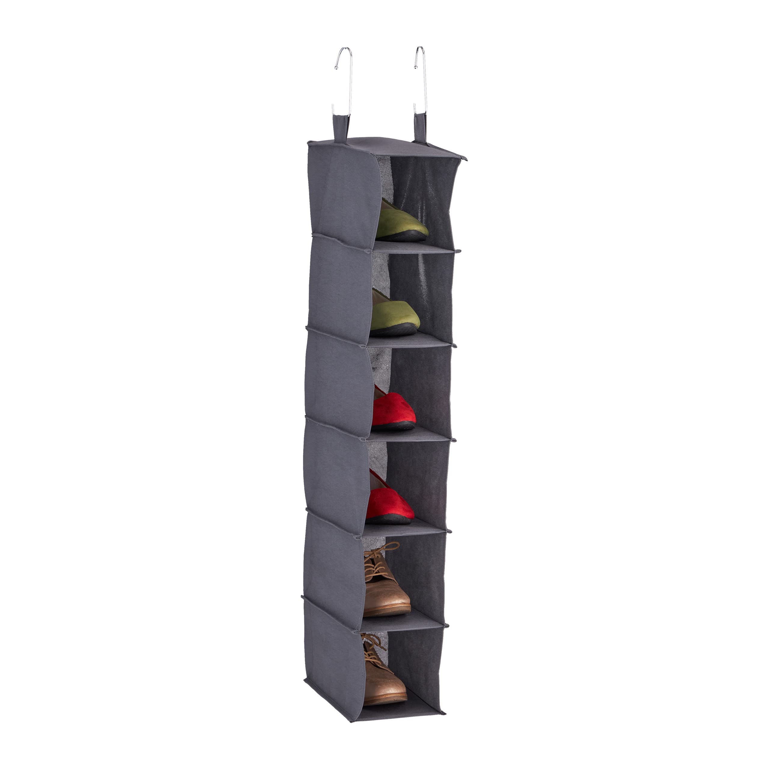 Relaxdays Hanging Wardrobe Storage, Narrow, for Shoes & Clothes, 6 Compartments, Fabric, HWD: 99x15x30 cm, 2 Hooks, Grey