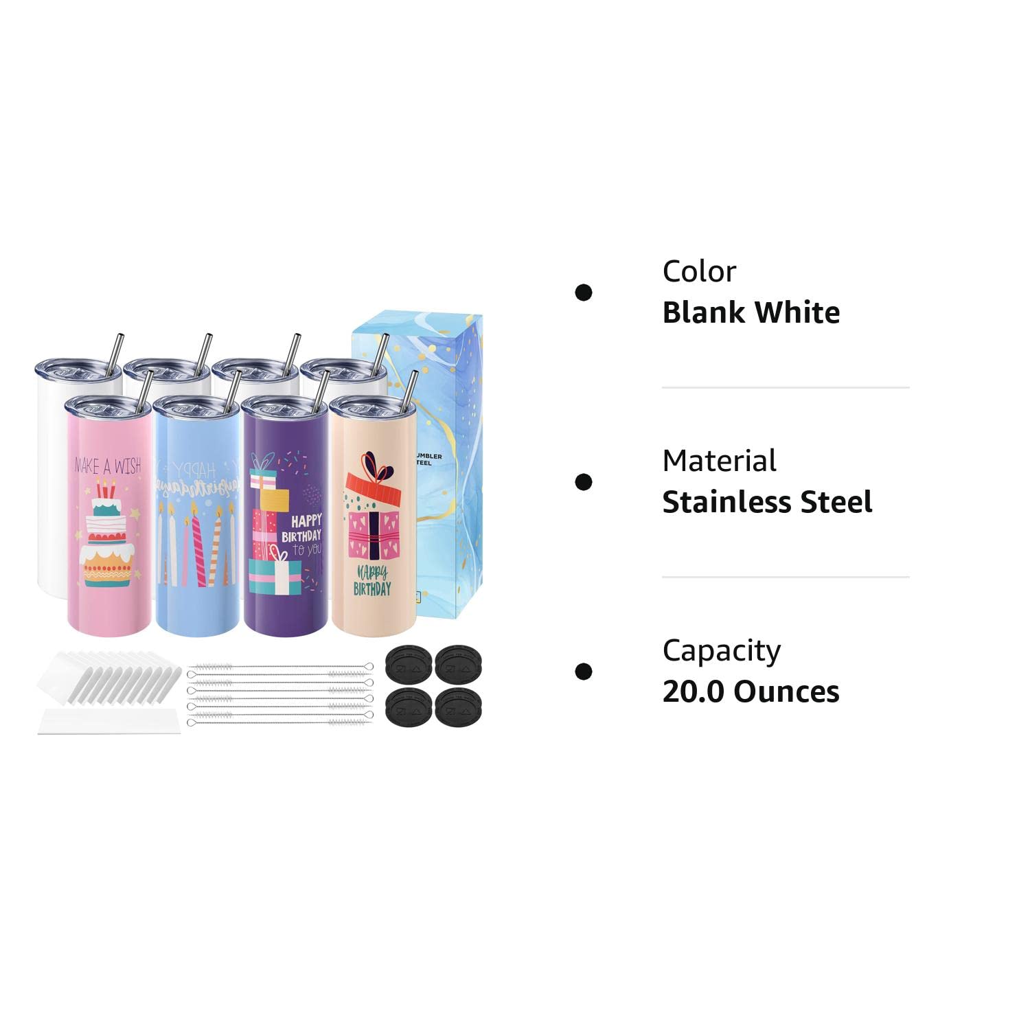Hiipoo 8 Pack Sublimation Tumblers Blank 20 oz Straight Skinny with Sublimation Papers, Lids and Straws, Shrink Wrap Films, Stainless Steel Double Wall Insulated Tumbler for Mug Press Machine