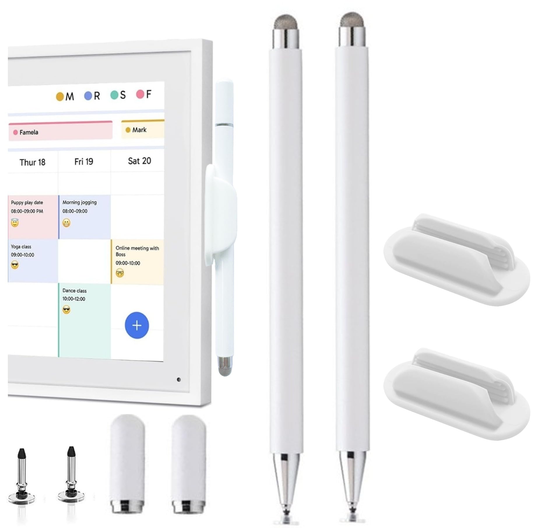 2Pcs Stylus and Mount for Skylight Calendars 15/27 Inch, 2in1 Dual Tip Pen Compatible with Skylight 15.6-Inch,27-Inch Calendar Pen with Holder Mount (2*Stylus+Holder White)