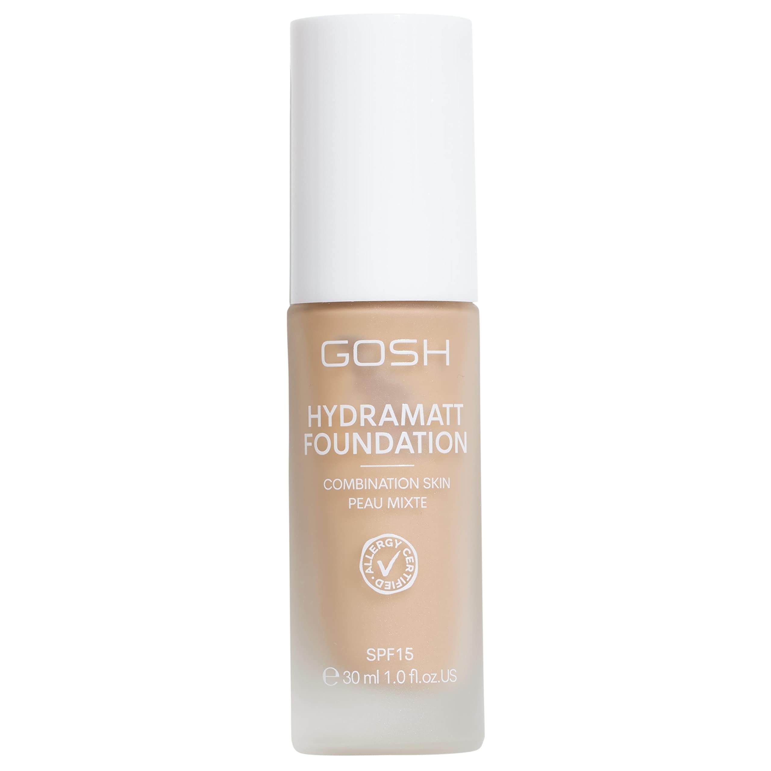 GOSH Foundation with SPF 15 for Light and Dark Skin, Vegan, Matte Makeup for Dry, Sensitive and Oily Skin, Smudge- and Sweat-Proof, Oil-Free, Adjustable Coverage, No Mask Effect, 008N