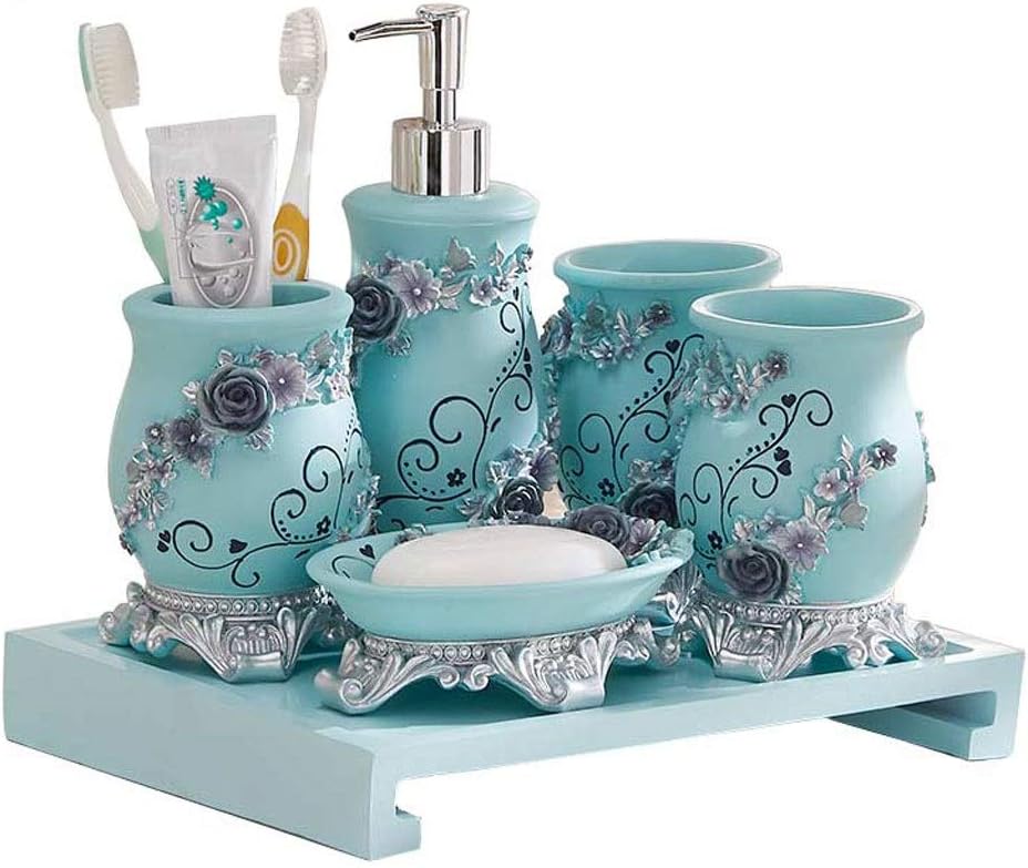 QQZQ 6-Piece Ceramic Bath Accessory Set Includes Liquid Soap or Lotion Dispenser w/Toothbrush Holder, Tumbler, Soap Dish Tray