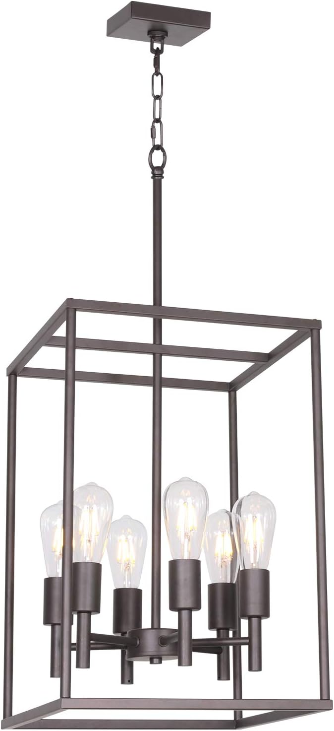 VINLUZ 6 Light Foyer Ceiling Light Oil-Rubbed Bronze Industrial Farmhouse Pendant Lighting with Square Cage Shades Fixture for Dinging Room Kitchen Entryway