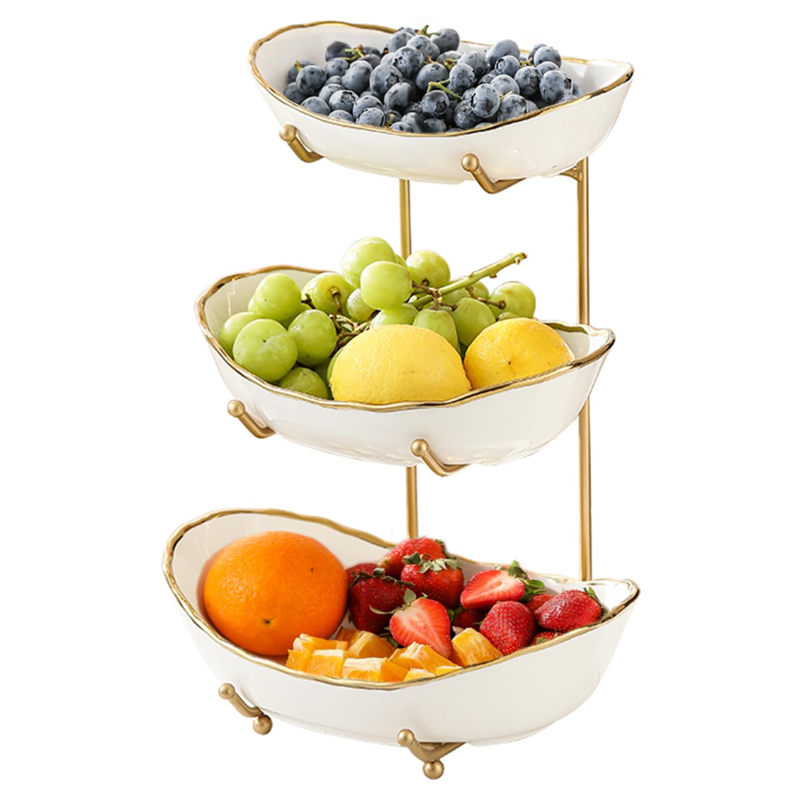 3 Tier Ceramic Fruit Bowl With Gold Stand - Multi Layer Fruit Display For Kitchen Counter