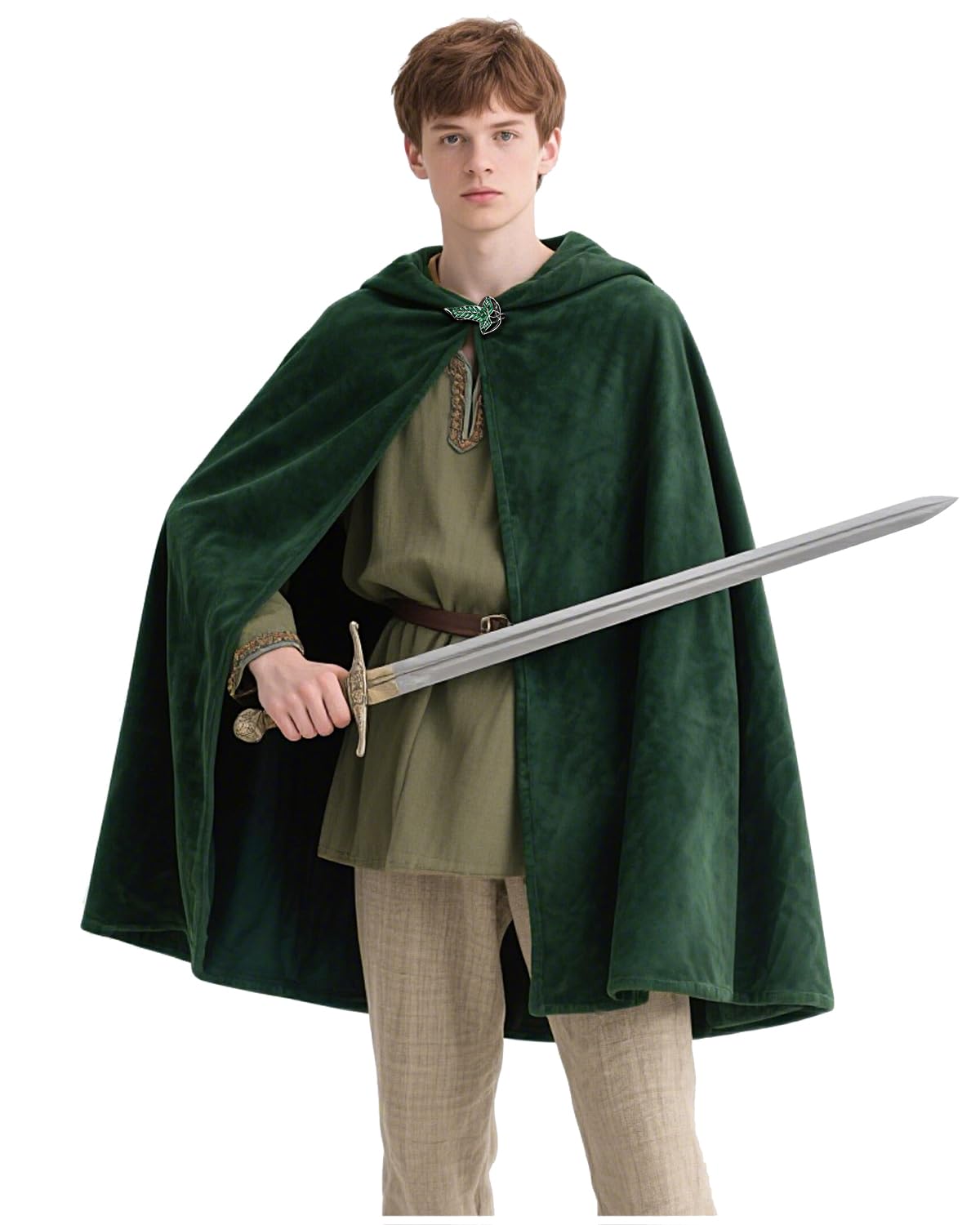 Photo 1 of Joukavor Hobbit Cloak with Leaf Brooch (Green, Medium)