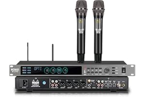 MICNAUX Digital Karaoke Processor KTV Mixer, Professional Pre-Stage Effector Audio Vocal Effects Processor Dual Wireless Microphones System with DSP Anti-Howling USB Bluetooth Optical Input (Silver)