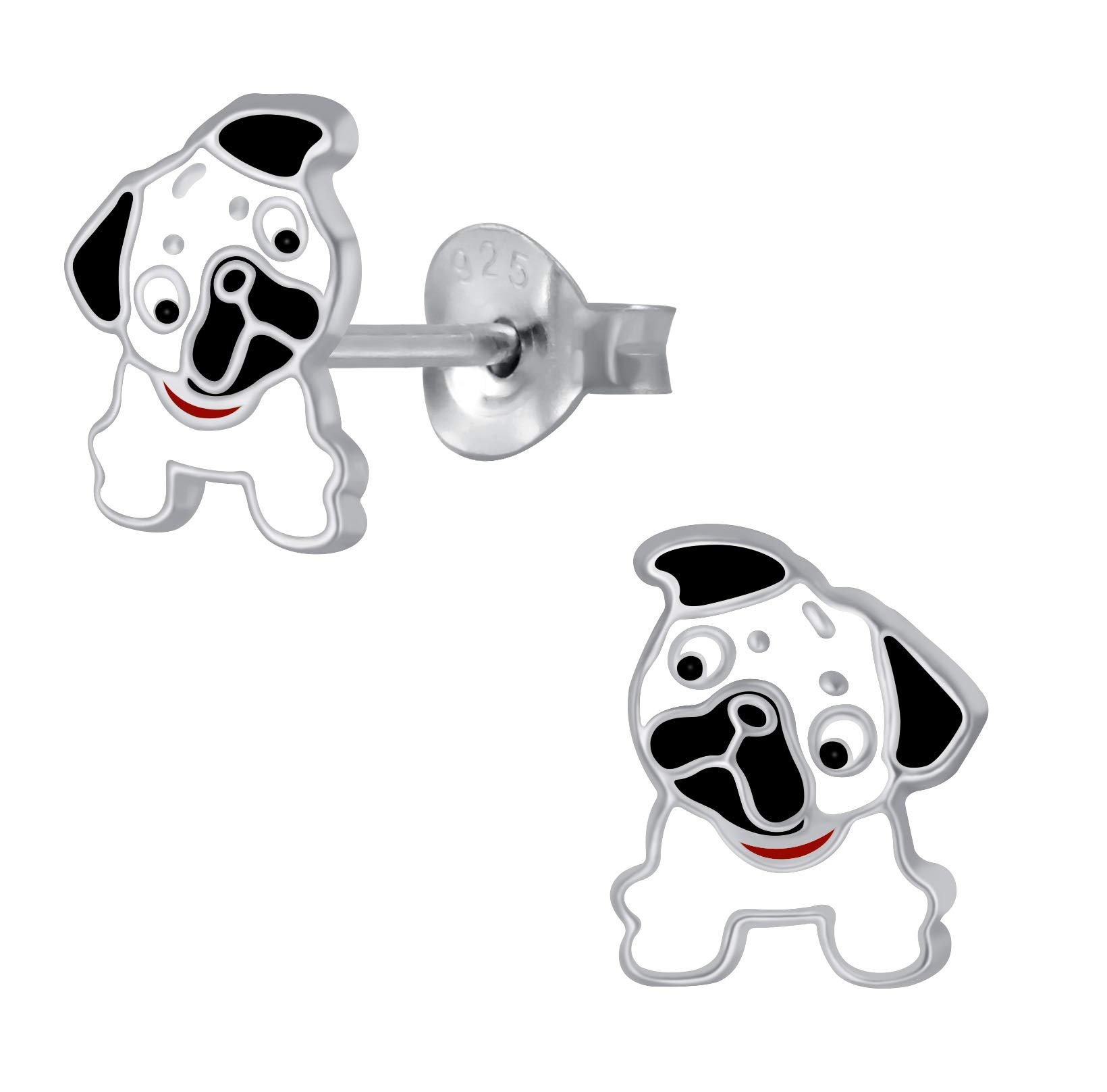 Sterling Silver Pug Dog Earrings - Extra Small - White