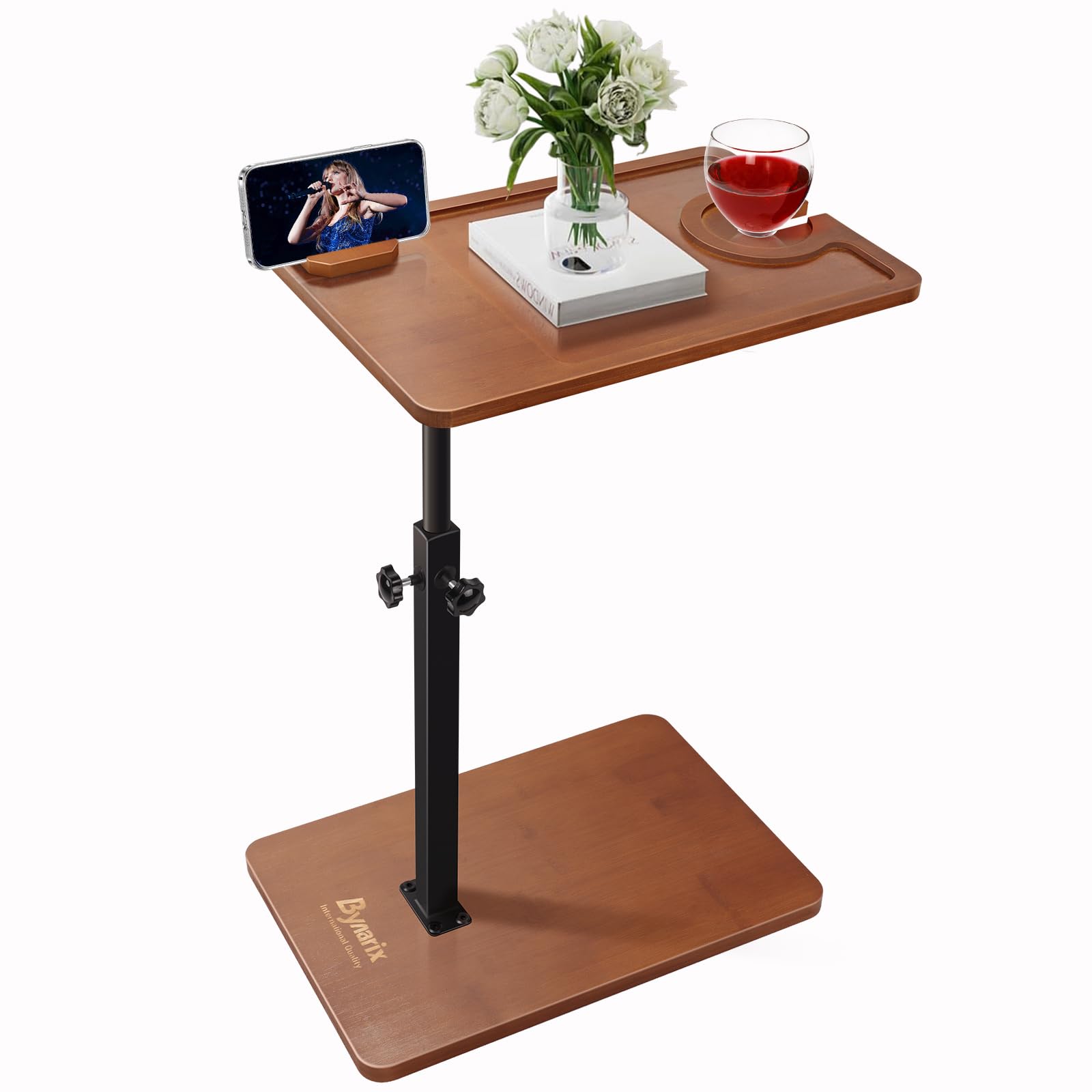 Photo 1 of ByNaRIX TV Tray Table, C Shaped End Table Adjustable Height Sofa End Side Table Bamboo Rounded Corner for Laptop TV Tray Snack Sofa Living Room Bedroom, Brown