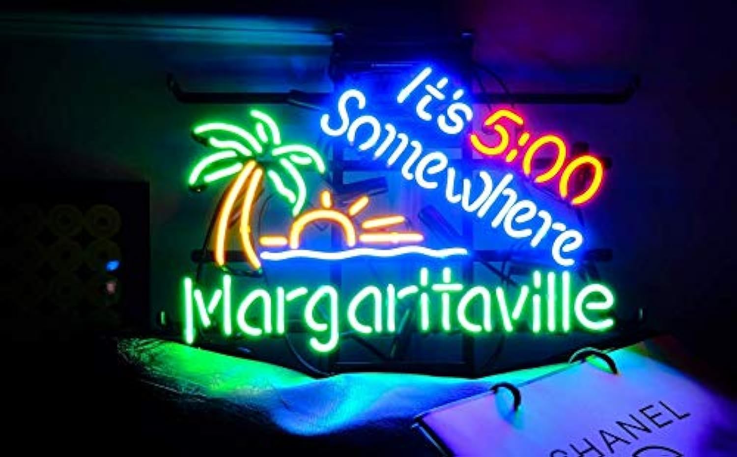 Photo 1 of ***Bottom not working**** Glass Tube Neon Sign It's 5:00 Somewhere 17”×13” for Home Bedroom Garage Decor Wall Light, Striking Neon Sign for Bar Pub Hotel Man Cave Recreational Game Room