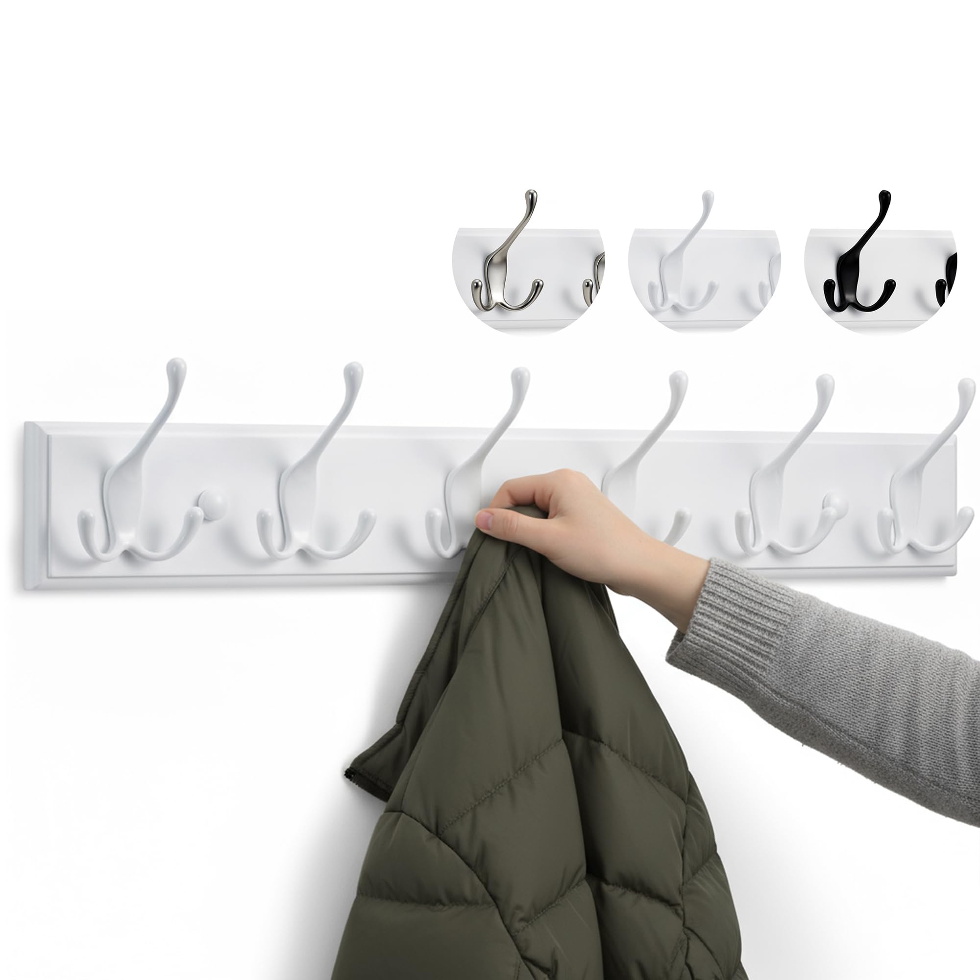 LARHN White Coat Hooks - Wall Mounted Coat Rack - 6 Triple White Coat Hooks for Wall - 59 cm - All Fixings Included for Quick & Easy Installation