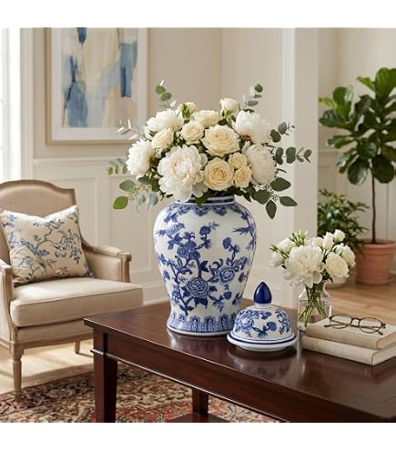 Amazon.com: 14 Inch Tall Blue And White Floral Hexagonal Ceramic
