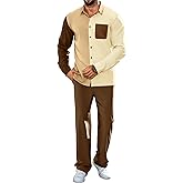 LecGee Mens 2 Piece Color Block Outfits Casual Long Sleeve Color Block Shirts and Pants Matching Set Sweatsuit