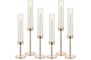 ASHELYULLA Gold Hurricane Candle Holders, Set of 6 Glass Taper Candlestick Holders Metal Candle Stands Bulk with Ribbed Glass Cover for Dining Tables Wedding Candelabra Centerpieces Decor