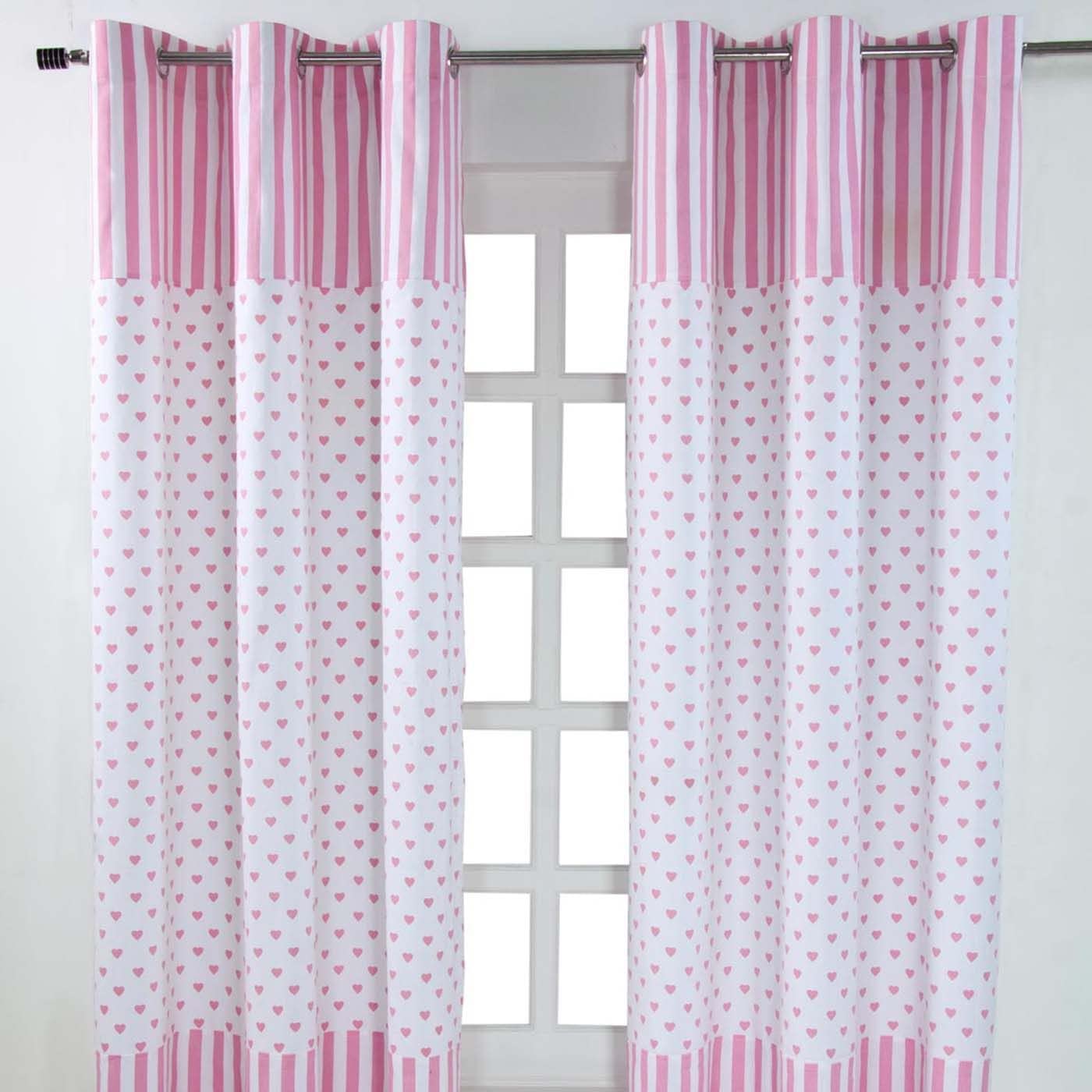 HOMESCAPES 100% Cotton Unlined Eyelet Curtain Pair - Love Hearts - Pink White - 137cm (54") Wide x 228cm (90") Drop