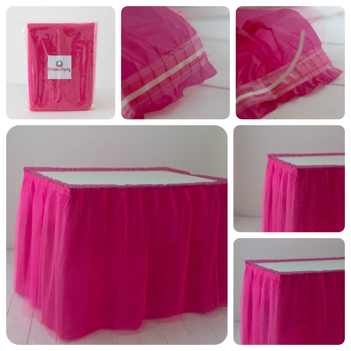 ORKIDEA Table Skirt with Tulle - Made in Italy - Size: 74 x 420 cm (Fuchsia)