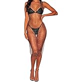 FlyCC Women Sexy See Through Mesh Beach Bikni Swimsuit Sleeveless Cover up Rhinestone Midi Dress