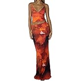 Women's Elegant Floral Print Maxi Skirt Sets Sexy V Neck Cami Crop Top and Long Skirt Set