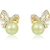 LOOYUUPEE Natural Hetian Jade & Bow Earrings for Women, Dainty Lucky Green Jade Bow Charm Pendant Jewelry Studs, Handmade Ear Stud Earrings for Mom Lover Her (925 Sterling Silver with Gold Plated)