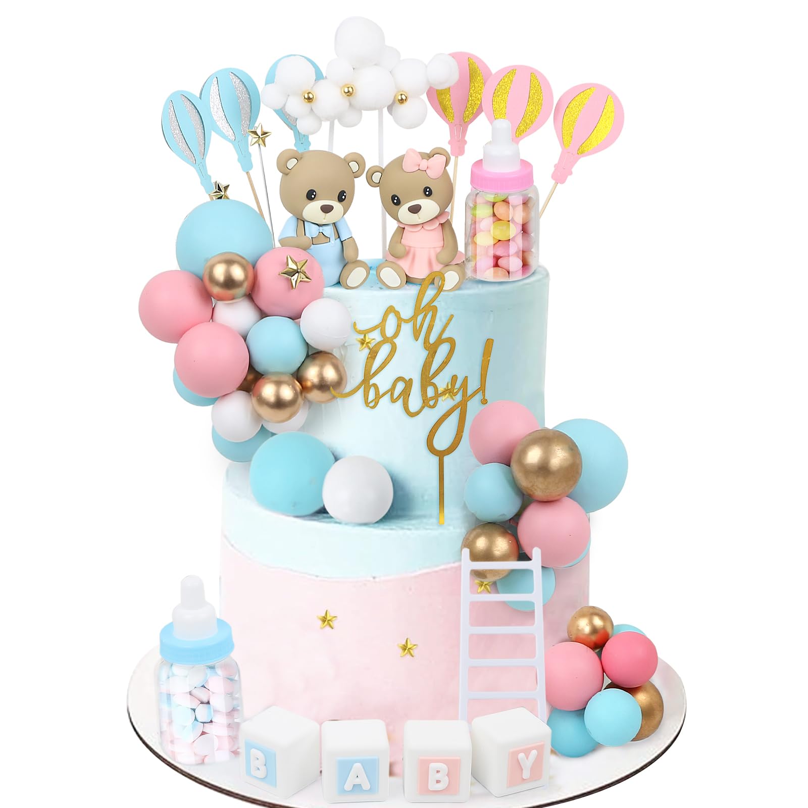 Photo 1 of Acmee 47 PCS Bear Cake Toppers - Mini 3D Bear BABY Letters Milk Bottle Blue Pink Gold Foam Balls Cake Toppers for Gender Reveal Baby Shower Party Cake Decorations