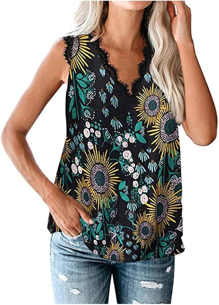 YUEZIHUAHUA Women's Casual Loose V Neck Tank Top Summer Floral Lace Trim Sleeveless Strappy Cami Blouse