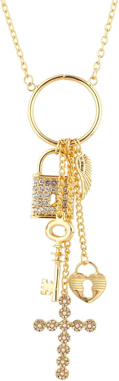 LUX ACCESSORIESGold Tone Padlock Key Heart Lock Cross Charm Chain Necklace