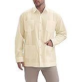 MAXJON Men's Guayabera Shirts for Men Long Sleeve Cuban Snap Button Shirts Mexican Guayabera Shirts with Four Pockets