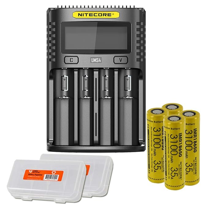 NITECORE UMS4 Intelligent USB Four Slot Superb Battery Charger with 4X Nitecore Rechargeable IMR Batteries and 2X LumenTac Battery Organizers