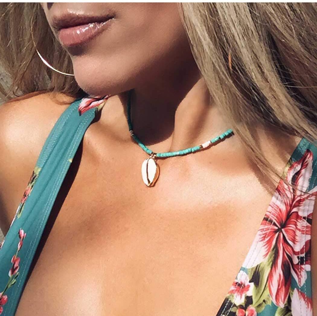 Zoestar Shell Pendant Necklace Turquoise Beaded Choker Beach Jewelry Accessories for Women and Girls