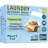 Planet True Eco-Friendly Laundry Detergent Sheets, 200 Loads (100 Sheets) Fragrance Free Sheet laundry detergent, Plastic-Free laundry detergent sheets travel, Easy Storage & Liquidless Washing