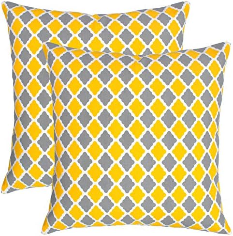 Isabella Beddings Morrocan Trellis Throw Pillow Case Cover 100% Cotton Cushion Covers Square Eco-Friendly Home Decor for Sofa Couch Bed Yellow Grey 20x20 inch 50cm x 50cm Pack of 2