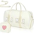 Mama Bag, Mama Hospital Bag for Labor and Delivery Nylon Chenille Letter Embroidered Duffle Bag Overnight Bag Weekender Bag with Shoes Compartment and Toiletry Bag Mothers Day Gifts (White, Mama)