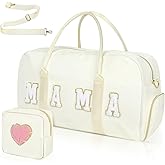 Mama Hospital Bag for Women Labor and Delivery Nylon Chenille Letter Embroidered Duffle Overnight Weekender Bag with Shoes Compartment and Mothers Day Gifts White