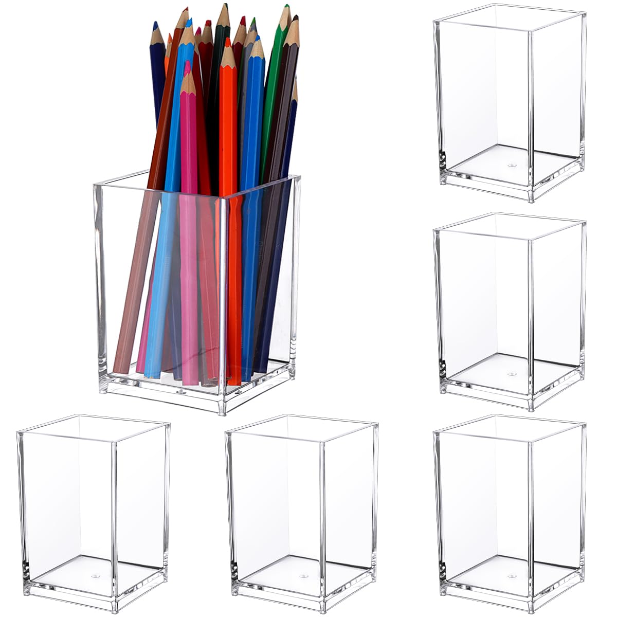 6 Pcs Acrylic Pen Pot - Square Acrylic Pencil Organizer, Transparent Pen Cup, Clear Makeup Brush Holder, Pencil Storage Basket for School, Home, Office Desk Accessory — image 1