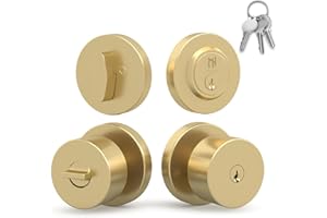 Mega Handles Entry Combo I Entry Door Knob and Single Cylinder Deadbolt Lock and Key Combo Pack - Heavy Duty Locking Door Knob for Left or Right-Handed Doors - Keyed Alike - Satin Brass